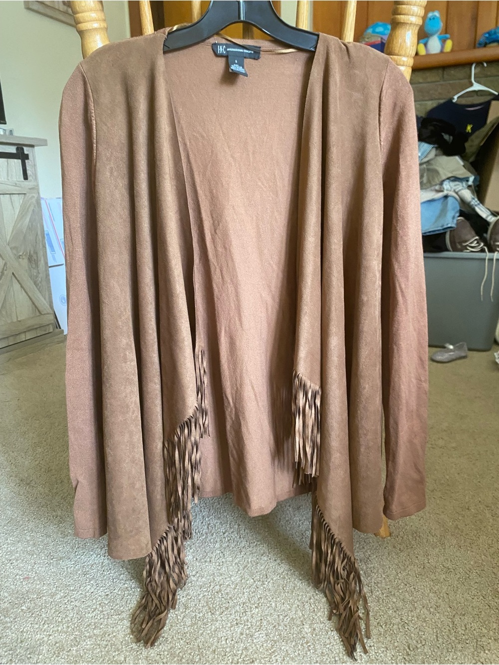 INC International Concepts Brown Faux Suede Fringe Open Front Cardigan S